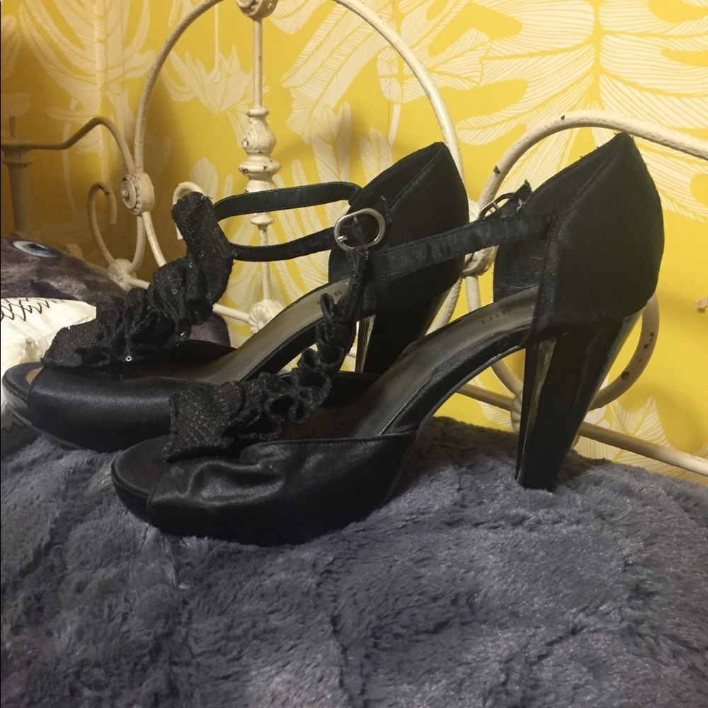 Black sequin t-strap heels